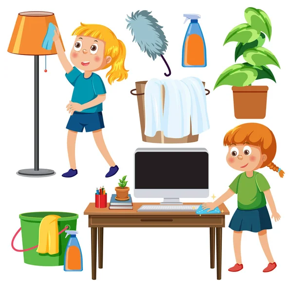 Eine Reihe Von Kindern Die Hausarbeiten Mit Haushaltsgeräten Erledigen Illustration — Stockvektor