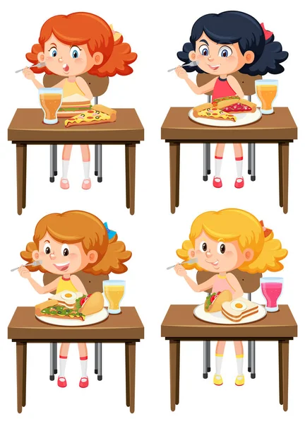 Conjunto Crianças Desenhos Animados Comendo Alimentos Tabela Ilustração —  Vetores de Stock