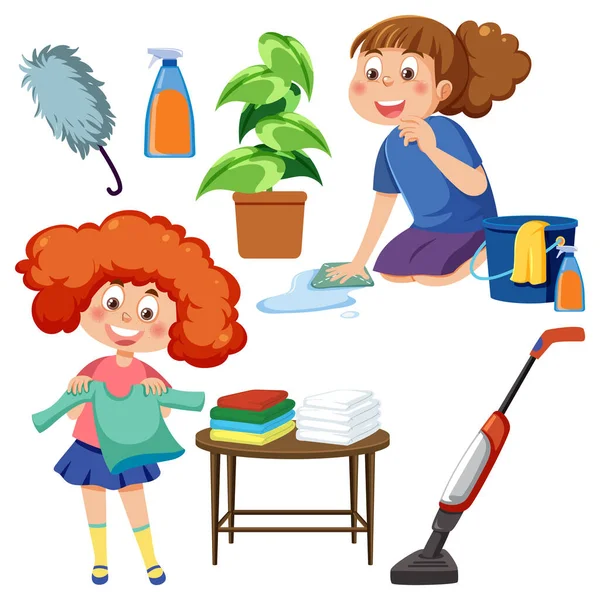 Set Children Doing Chores Household Equipments Illustration — Stockový vektor