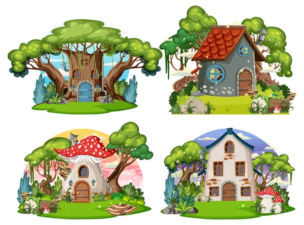 Set Fairy Tale House Isolated Illustration — Stockvektor