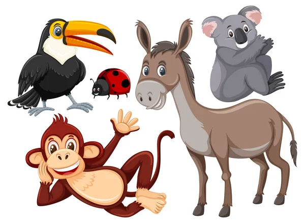 Set Cute Animals Cartoon Character Illustration —  Vetores de Stock