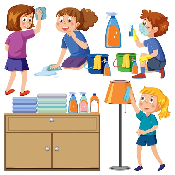 Zestaw Dzieci Wykonujących Prace Domowe Sprzętem Gospodarstwa Domowego Ilustracja — Wektor stockowy