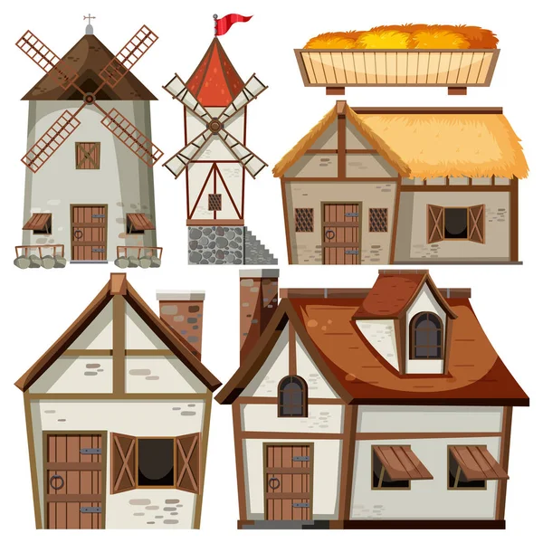 Набір Середньовічної Ілюстрації Будинку Єкта Мультфільму — стоковий вектор
