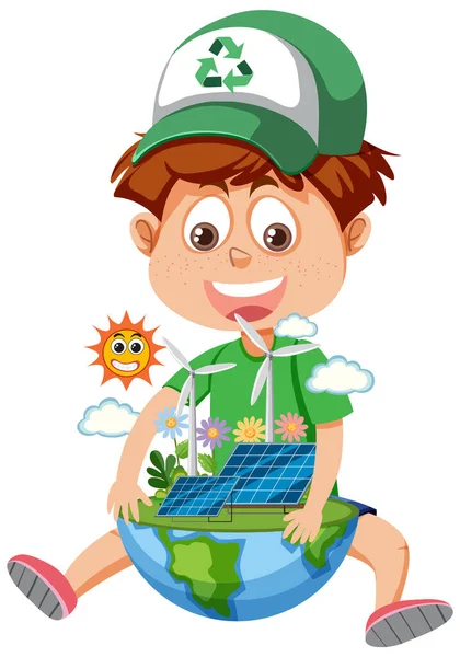 Pojke Tittar Jorden Jordklotet Med Solpanel Och Vindkraftverk Illustration — Stock vektor