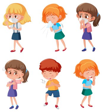 Bir grup çocuk çizgi film karakteri hasta resimleme