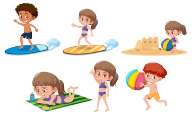 Set of children cartoon character wearing swimsuit illustration