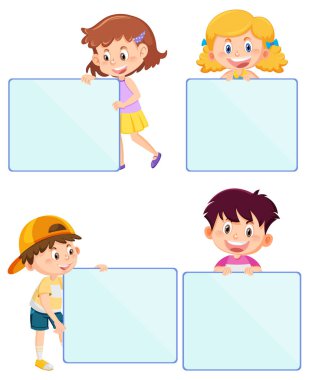 Set of kid cartoon character with empty board illustration