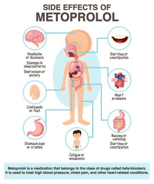 Human anatomy diagram cartoon style of metoprolol side effects illustration
