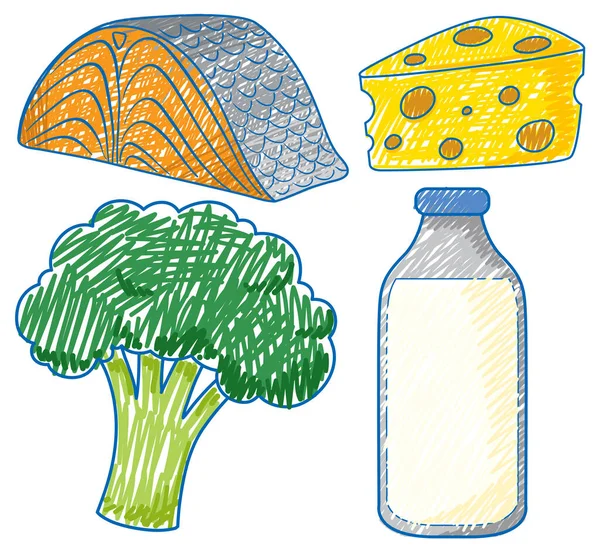 Alimentos Proteicos Lápiz Dibujo Color Ilustración Estilo Simple — Archivo Imágenes Vectoriales