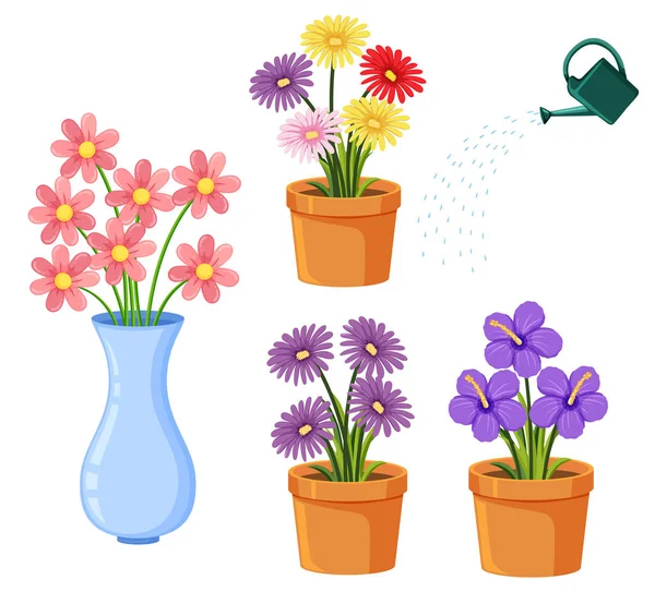Conjunto Flores Diferentes Vasos Ilustração —  Vetores de Stock