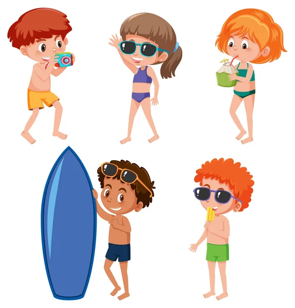 Zestaw Postaci Kreskówek Dla Dzieci Noszących Strój Kąpielowy Ilustracja — Wektor stockowy