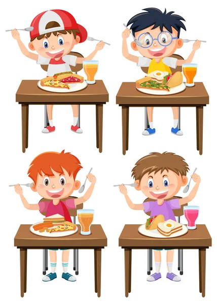 Zestaw Kreskówek Dla Dzieci Jedzących Jedzenie Stole Ilustracja — Wektor stockowy