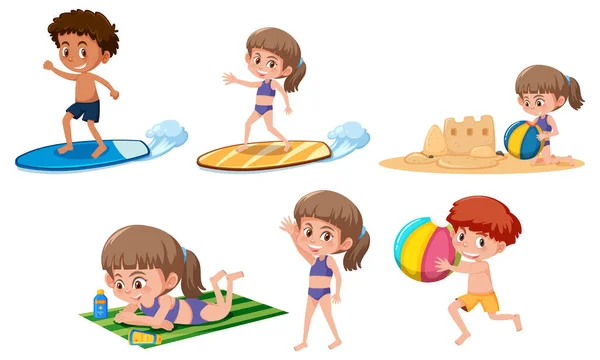 Set Von Kindern Cartoon Figur Trägt Badeanzug Illustration — Stockvektor