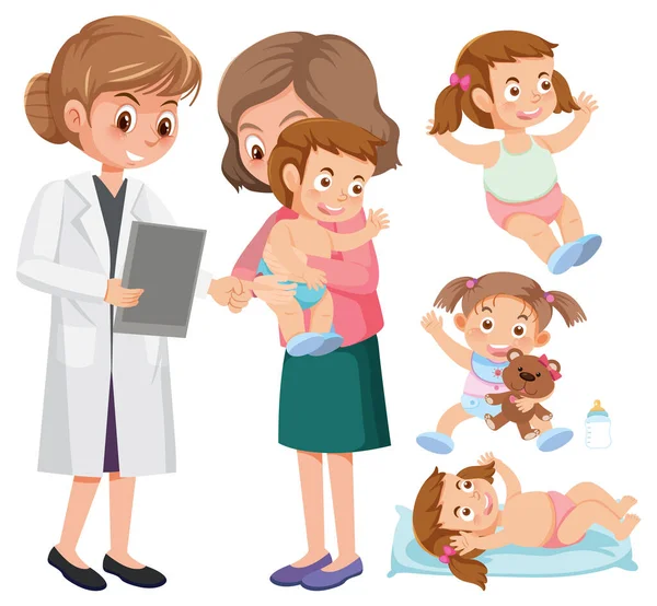 Conjunto Bebê Enfermagem Desenho Animado Personagem Ilustração —  Vetores de Stock