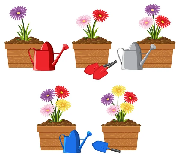 Ensemble Fleurs Colorées Dans Des Pots Illustration — Image vectorielle