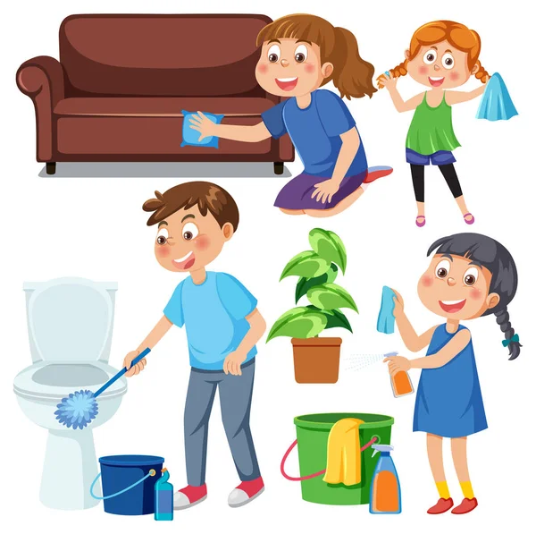 Set Children Doing Chores Household Equipments Illustration — Stock Vector