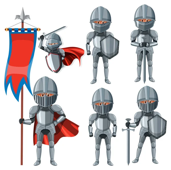 Conjunto Medieval Cavaleiro Desenho Animado Personagem Ilustração —  Vetores de Stock