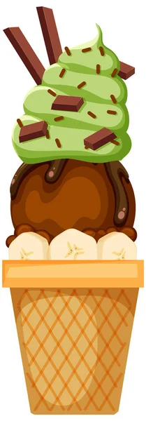 Green Tea Ice Cream Cone Chocolate Toppings Illustration — Vettoriale Stock