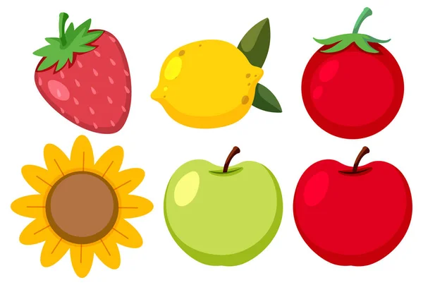 Set Einfacher Früchte Und Blumen Cartoon Illustrationen — Stockvektor