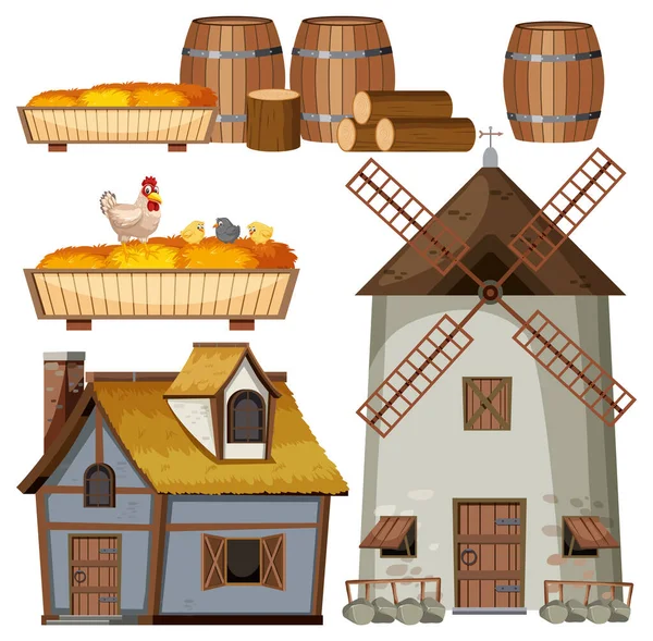 Set Medieval House Object Cartoon Illustration — Stock Vector