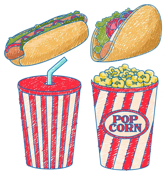 Junk Foods Bleistiftfarbe Skizze Simple Style Illustration — Stockvektor