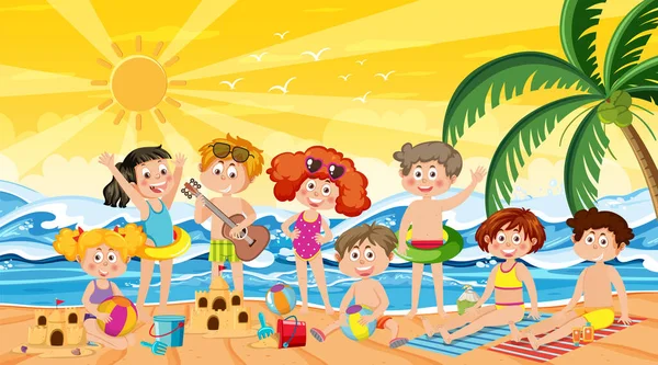 Děti Letních Plážových Prázdninách Ilustrace — Stockový vektor