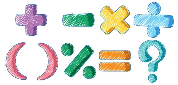 Podstawowe Symbole Matematyki Szkicu Kolorów Ołówka Prosty Styl Ilustracji — Wektor stockowy