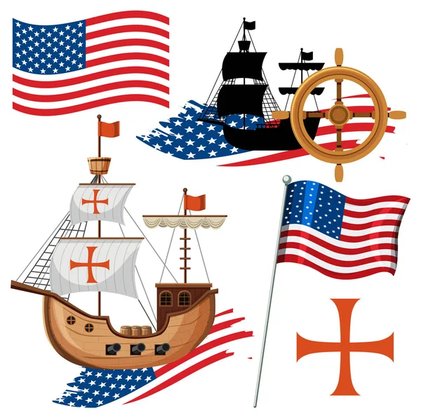 Set American Flags Element Illustration — Stock Vector