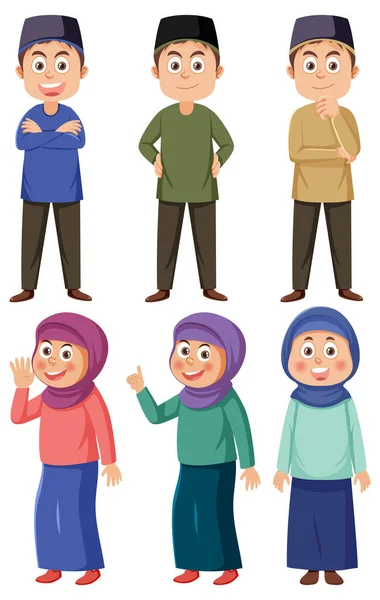 Olika Muslimska Seriefigurer Set Illustration — Stock vektor