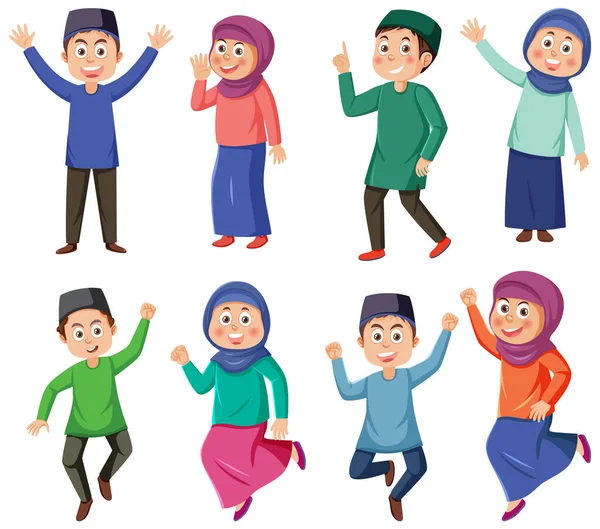 Muslimské Kreslené Postavičky Set Ilustrace — Stockový vektor