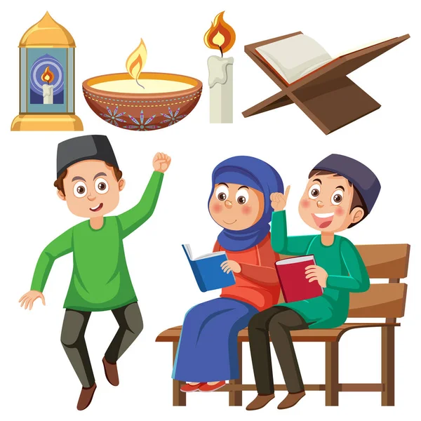 Různorodé Muslimské Karikatury Sada Znaků Ilustrace — Stockový vektor