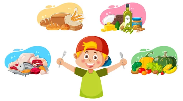 Anak Dengan Ilustrasi Kelompok Makanan - Stok Vektor