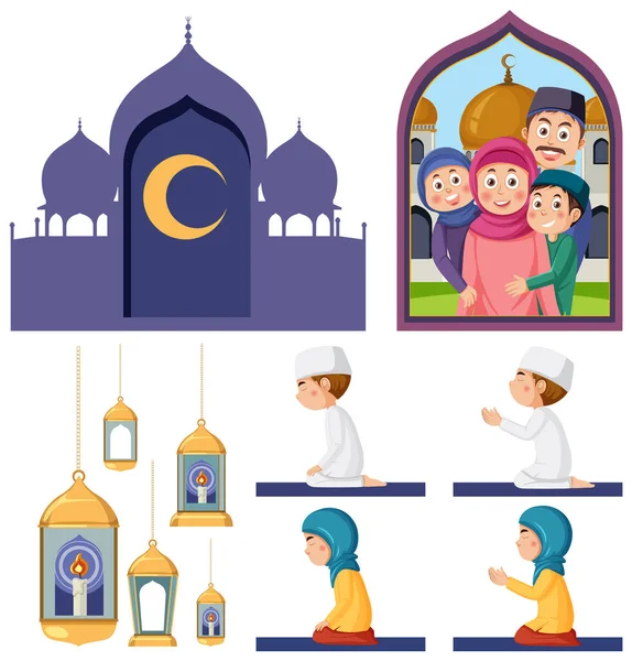 穆斯林卡通人物和物体矢量图解 — 图库矢量图片