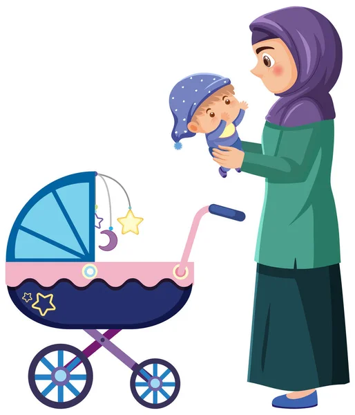 Fille Musulmane Portant Bébé Illustration Personnage Bande Dessinée — Image vectorielle