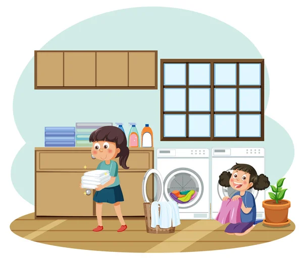 Děti Praní Prádla Ilustrací Pračky — Stockový vektor