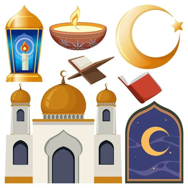 Objetos Islámicos Elementos Set Illustration — Vector de stock
