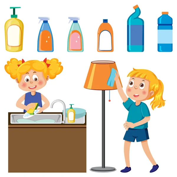 Set Children Doing Chores Household Equipments Illustration — Wektor stockowy
