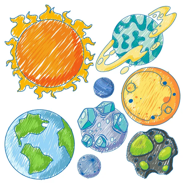 Planètes Crayon Croquis Couleur Illustration Style Simple — Image vectorielle