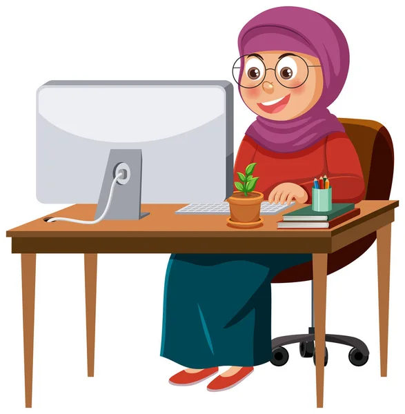 Muslim Girl Working Table Vector Illustration — Stock Vector