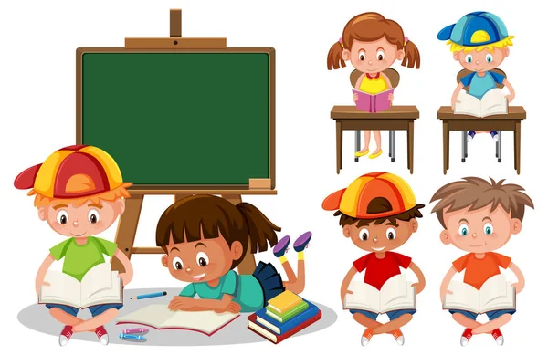 Set Students Cartoon Character Learning Illustration — Stock Vector