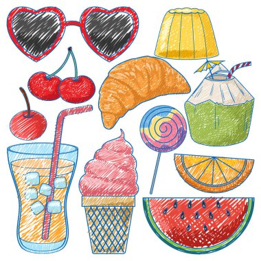 Kalem Rengi Çizimindeki Çeşitli Yemekler Basit Resim Çizimi