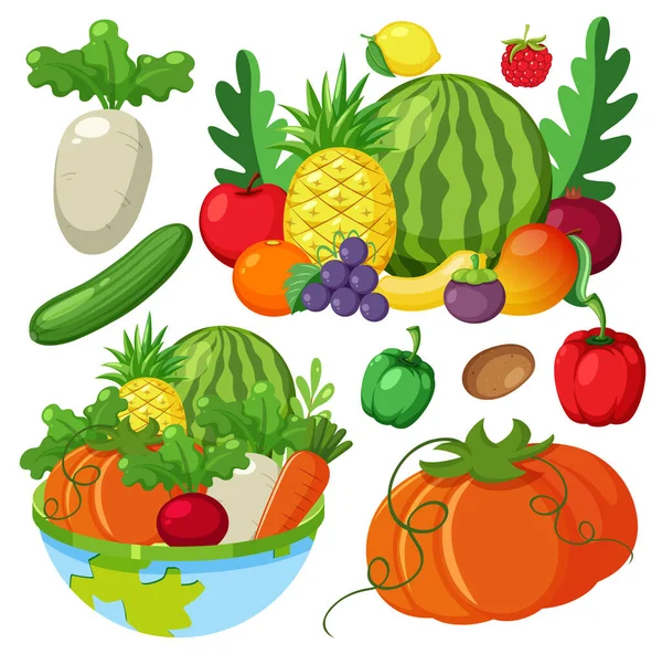 Zestaw Zdrowych Owoców Warzyw Ilustracji — Wektor stockowy