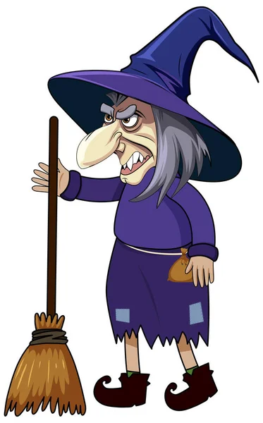 Old Witch Holding Broomstick Cartoon Character Illustration — 스톡 벡터