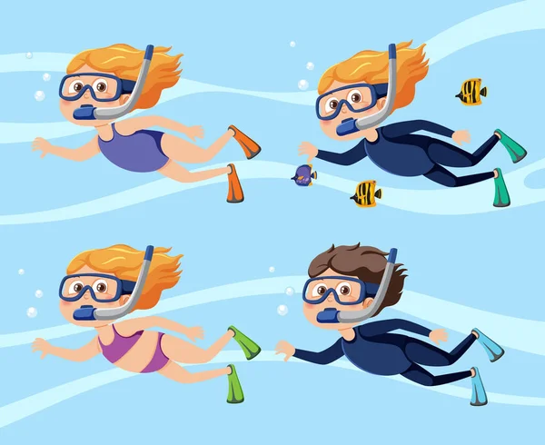 Kinder Schwimmen Schnorcheln Zeichen Gesetzt Illustration — Stockvektor