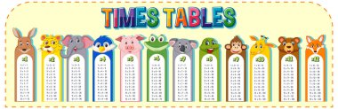 Matematik çarpı tablo tablosu hayvan teması illüstrasyonu