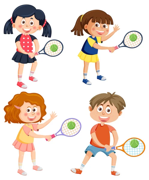 Actieve Kinderen Spelen Tennis Collectie Illustratie — Stockvector