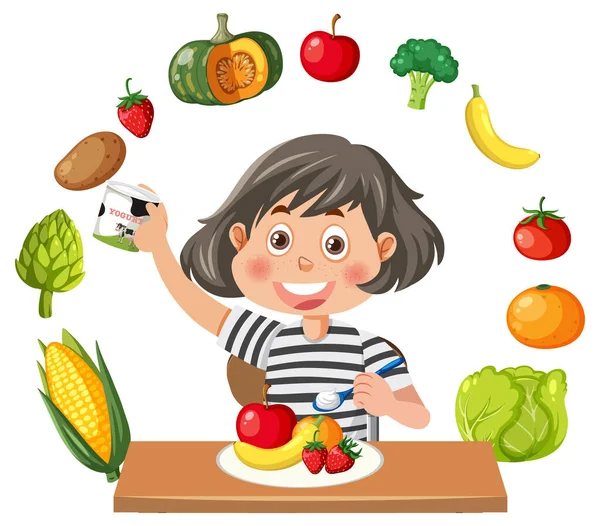 Ragazza Mangiare Sana Illustrazione Colazione — Vettoriale Stock