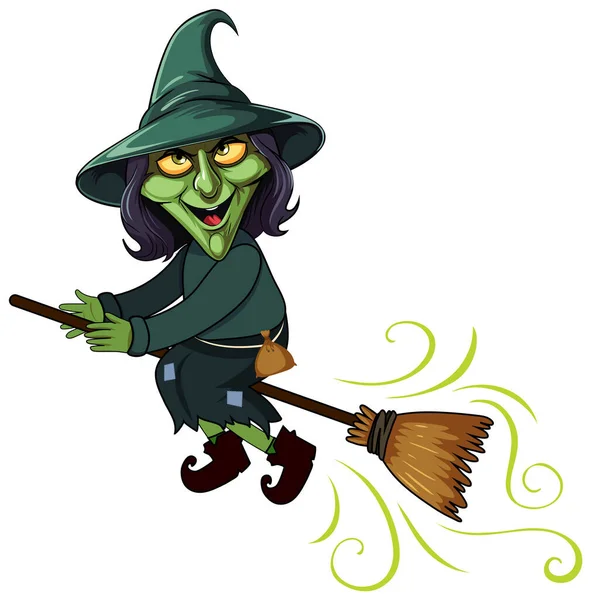 Old Witch Flying Μια Απεικόνιση Χαρακτήρα Κινουμένων Σχεδίων Broomstick — Διανυσματικό Αρχείο