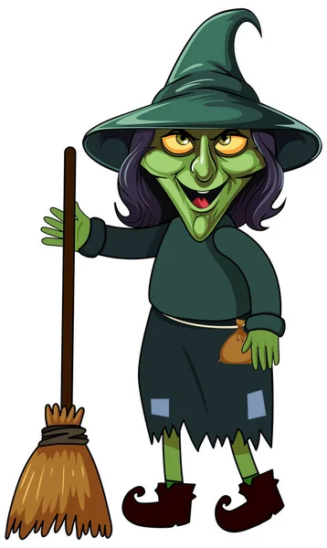 Old Witch Holding Broomstick Cartoon Character Illustration — 스톡 벡터