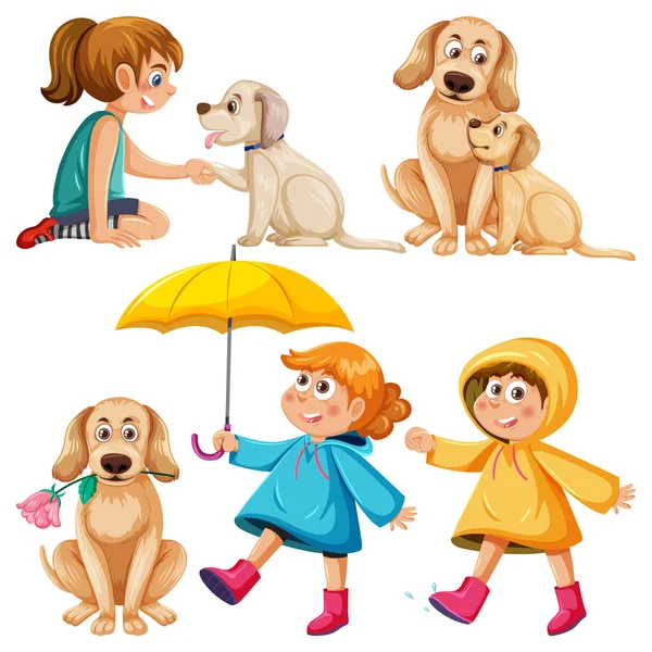 stock vector Girls and Dogs Cartoon Set illustration